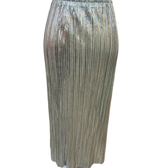 Maeve by Anthropologie Metallic Silver Pleated Midi Skirt - Picture 2 of 8